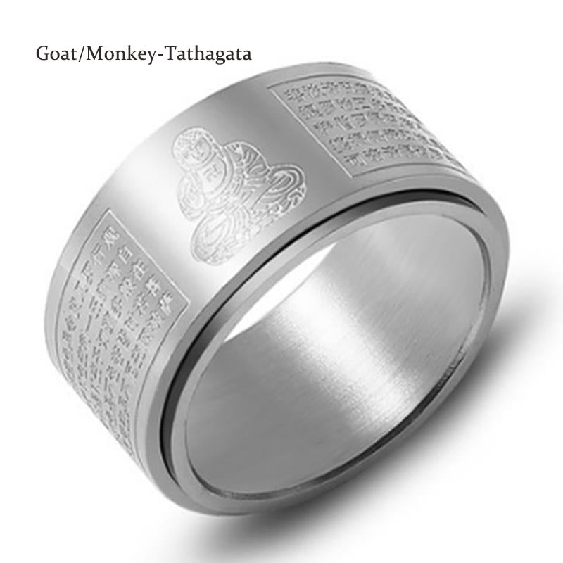 Buddha Stones Chinese Zodiac Natal Buddha Heart Sutra Carved Titanium Steel Calm Rotatable Ring - Silver - Goat/Monkey-Tathagata - US12 - image 41