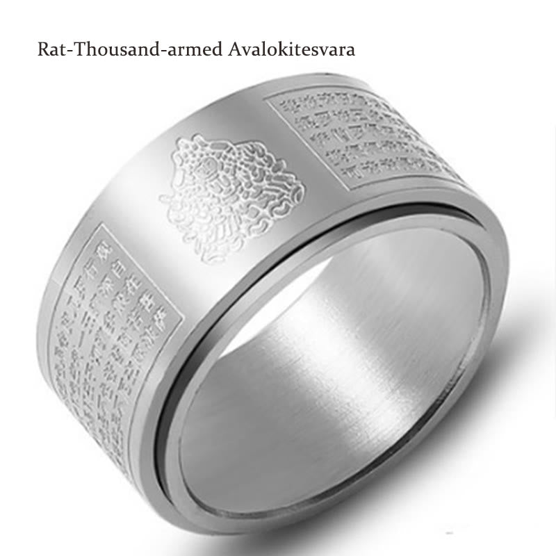 Buddha Stones Chinese Zodiac Natal Buddha Heart Sutra Carved Titanium Steel Calm Rotatable Ring - Silver - Rat-Thousand-armed Avalokitesvara - US12 - image 38