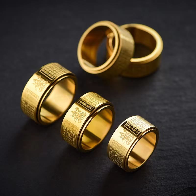 Buddha Stones Chinese Zodiac Natal Buddha Heart Sutra Carved Titanium Steel Calm Rotatable Ring - image 23
