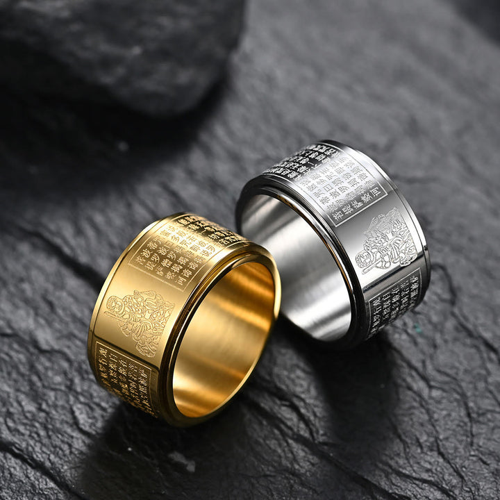 Buddha Stones Chinese Zodiac Natal Buddha Heart Sutra Carved Titanium Steel Calm Rotatable Ring - image 35