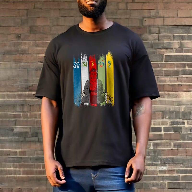 Buddha Stones Six True Words 'Om Mani Padme Hum' Buddha Sitting With Lotus Cotton Tee T-shirt - image 4