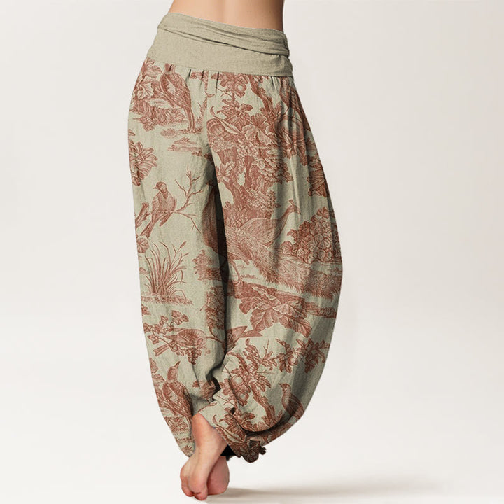 Buddha Stones Cotton Birds Trees Branches Pattern Women's Elastic Waist Harem Pants - image 1