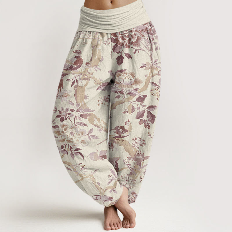 Buddha Stones Cotton Birds Branches Flowers Pattern Women's Elastic Waist Harem Pants - LightYellow - US22，UK/AU26，EU54 (6XL) - image 4