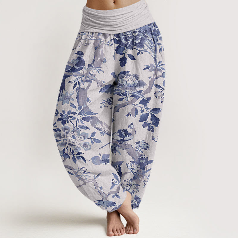 Buddha Stones Cotton Birds Branches Flowers Pattern Women's Elastic Waist Harem Pants - Gainsboro - US22，UK/AU26，EU54 (6XL) - image 5