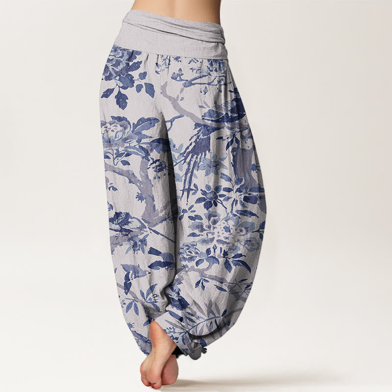 Buddha Stones Cotton Birds Branches Flowers Pattern Women's Elastic Waist Harem Pants - image 8