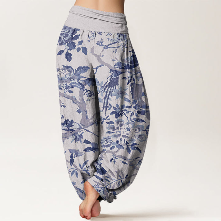 Buddha Stones Cotton Birds Branches Flowers Pattern Women's Elastic Waist Harem Pants - image 8