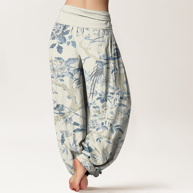 Buddha Stones Cotton Birds Branches Flowers Pattern Women's Elastic Waist Harem Pants - image 1