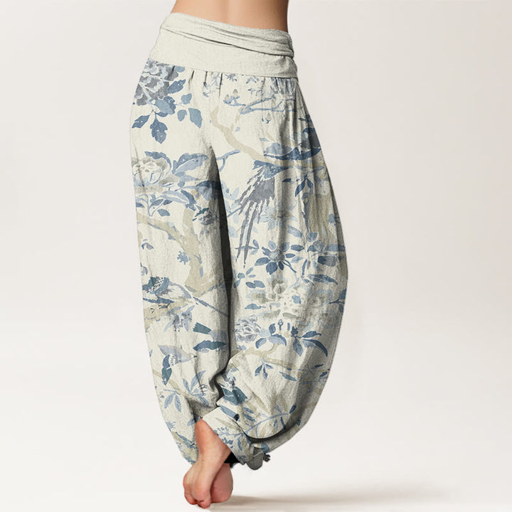 Buddha Stones Cotton Birds Branches Flowers Pattern Women's Elastic Waist Harem Pants - image 1