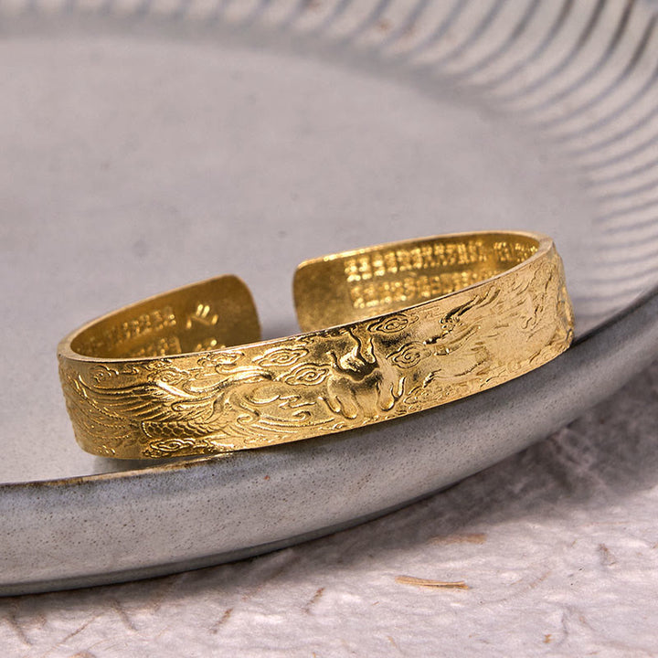 Buddha Stones Dragon And Phoenix Playing With A Pearl Heart Sutra Carved Copper Brass Luck Bracelet Bangle - image 9