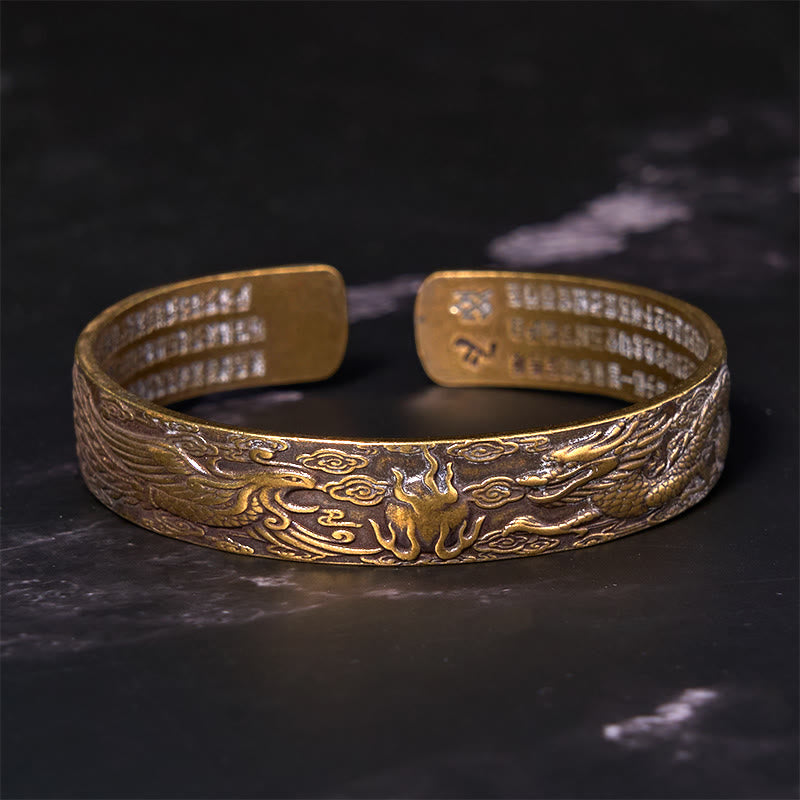 Buddha Stones Dragon And Phoenix Playing With A Pearl Heart Sutra Carved Copper Brass Luck Bracelet Bangle - image 1