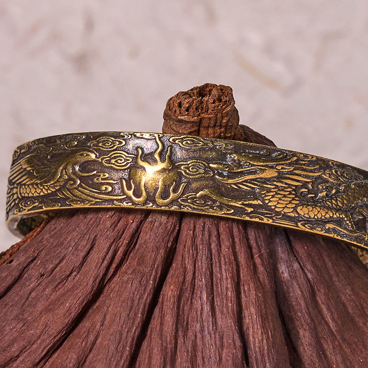 Buddha Stones Dragon And Phoenix Playing With A Pearl Heart Sutra Carved Copper Brass Luck Bracelet Bangle - image 3