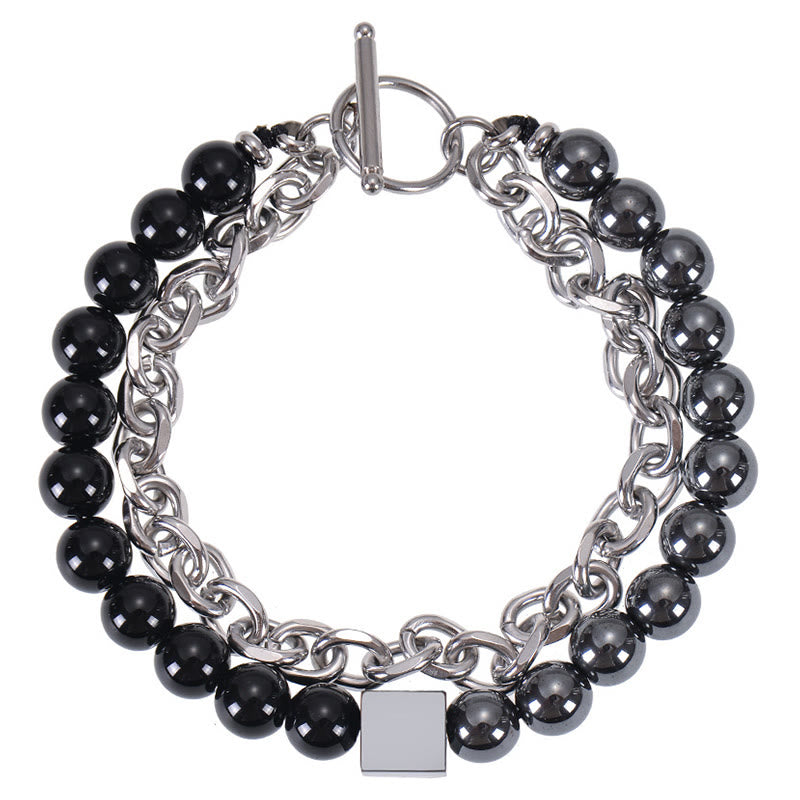 Buddha Stones Colorful Tiger Eye Frosted Stone Black Magnetite Titanium Steel Double Wrap Protection Bracelet - Black Obsidian&Black Magnetite(Wrist Circumference: 15-20cm) - image 21