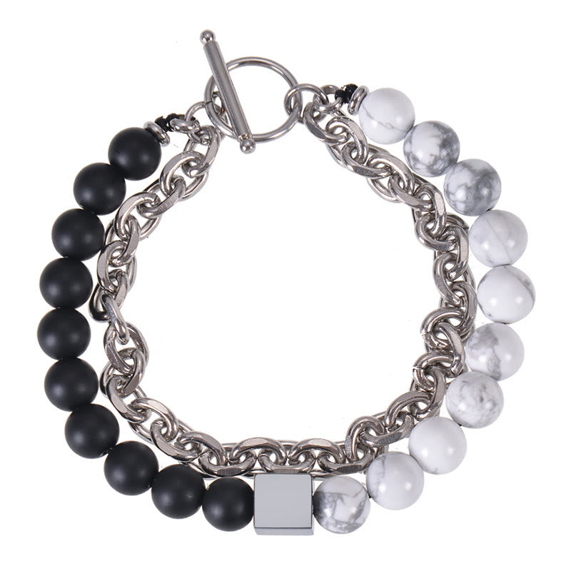 Buddha Stones Colorful Tiger Eye Frosted Stone Black Magnetite Titanium Steel Double Wrap Protection Bracelet - White Turquoise&Frosted Stone(Wrist Circumference: 15-20cm) - image 28