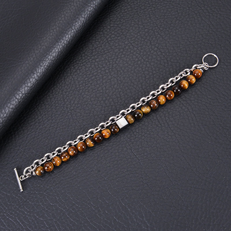 Buddha Stones Colorful Tiger Eye Frosted Stone Black Magnetite Titanium Steel Double Wrap Protection Bracelet - image 2