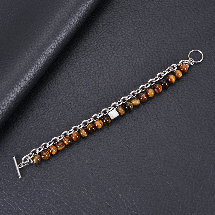 Buddha Stones Colorful Tiger Eye Frosted Stone Black Magnetite Titanium Steel Double Wrap Protection Bracelet - image 2