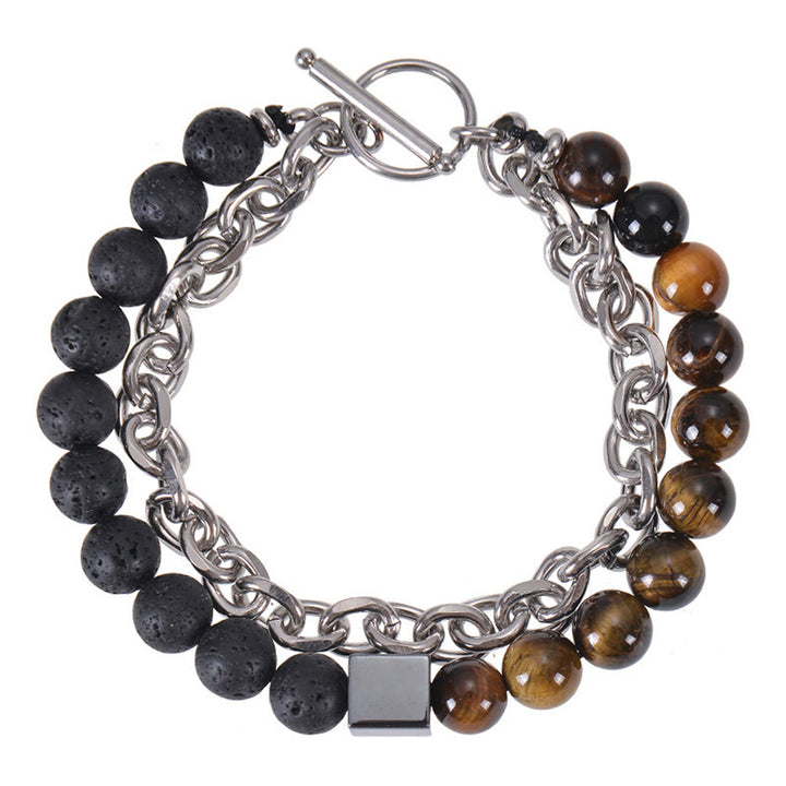 Buddha Stones Colorful Tiger Eye Frosted Stone Black Magnetite Titanium Steel Double Wrap Protection Bracelet - Tiger Eye&Lava Rock(Wrist Circumference: 15-20cm) - image 6
