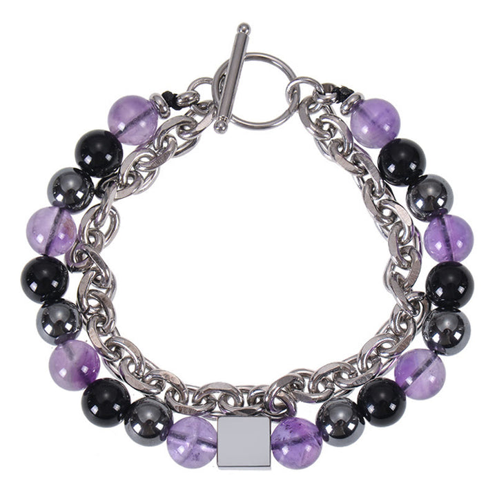 Buddha Stones Colorful Tiger Eye Frosted Stone Black Magnetite Titanium Steel Double Wrap Protection Bracelet - Amethyst&Black Obsidian&Black Magnetite(Wrist Circumference: 15-20cm) - image 17