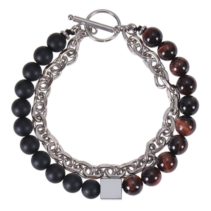 Buddha Stones Colorful Tiger Eye Frosted Stone Black Magnetite Titanium Steel Double Wrap Protection Bracelet - Red Tiger Eye&Frosted Stone(Wrist Circumference: 15-20cm) - image 11