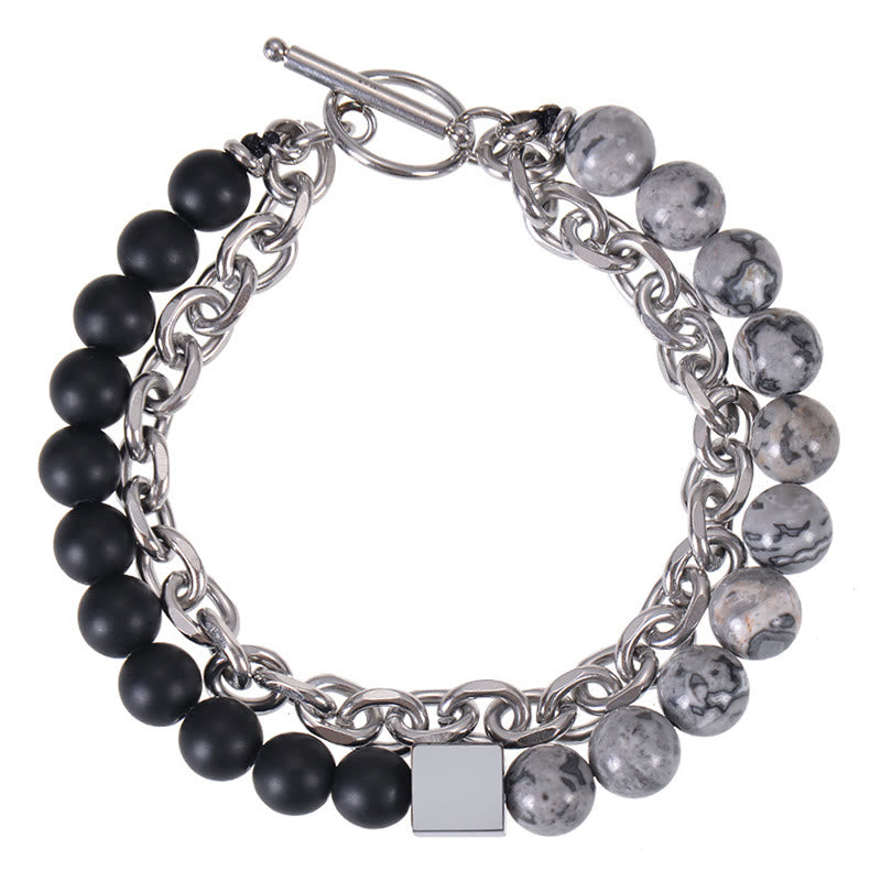 Buddha Stones Colorful Tiger Eye Frosted Stone Black Magnetite Titanium Steel Double Wrap Protection Bracelet - Grey Jasper&Frosted Stone(Wrist Circumference: 15-20cm) - image 24