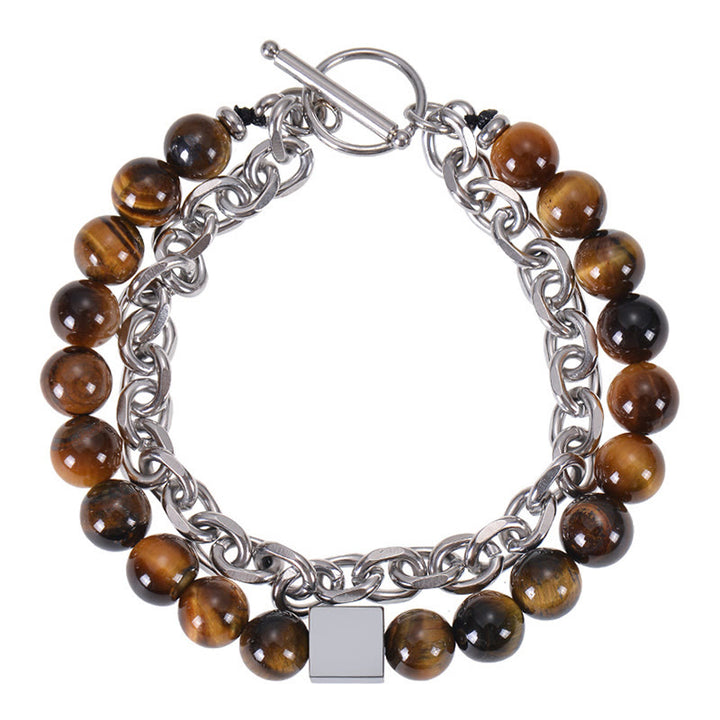 Buddha Stones Colorful Tiger Eye Frosted Stone Black Magnetite Titanium Steel Double Wrap Protection Bracelet - image 1