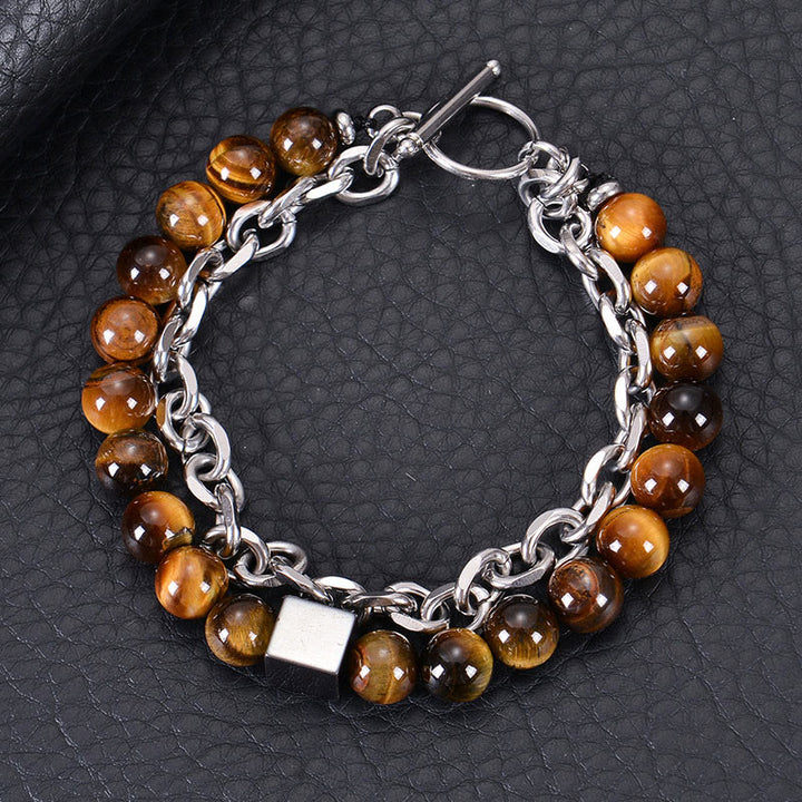 Buddha Stones Colorful Tiger Eye Frosted Stone Black Magnetite Titanium Steel Double Wrap Protection Bracelet - Tiger Eye(Wrist Circumference: 15-20cm) - image 0