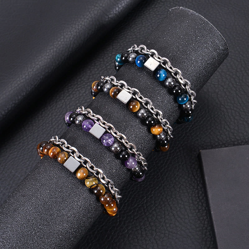 Buddha Stones Colorful Tiger Eye Frosted Stone Black Magnetite Titanium Steel Double Wrap Protection Bracelet - image 31