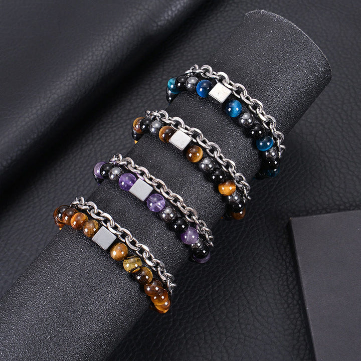Buddha Stones Colorful Tiger Eye Frosted Stone Black Magnetite Titanium Steel Double Wrap Protection Bracelet - image 31