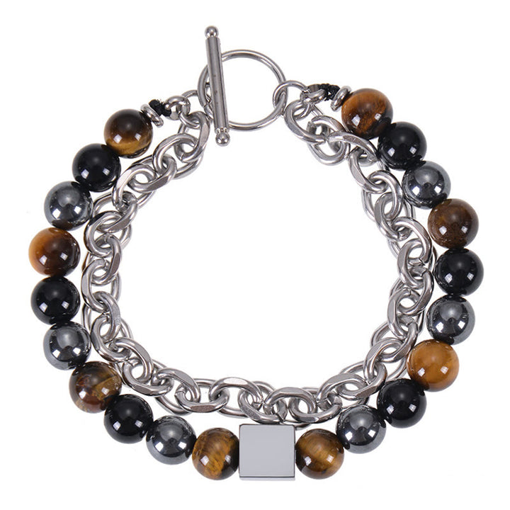 Buddha Stones Colorful Tiger Eye Frosted Stone Black Magnetite Titanium Steel Double Wrap Protection Bracelet - Tiger Eye&Black Obsidian&Black Magnetite(Wrist Circumference: 15-20cm) - image 8