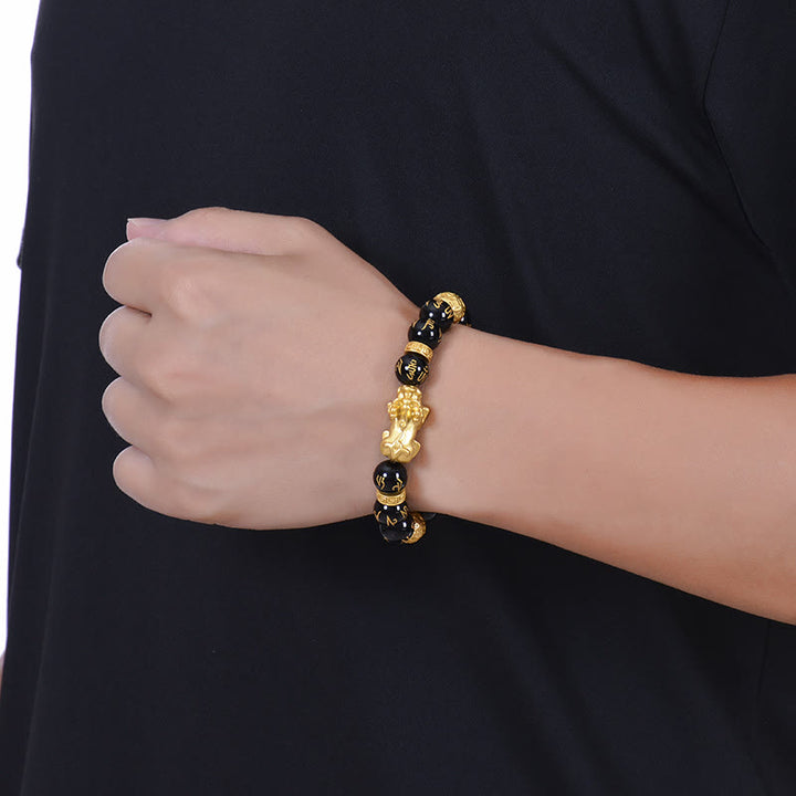 Buddha Stones Black Obsidian Black Onyx Alloy PiXiu Om Mani Padme Hum Strength Bracelet - image 3