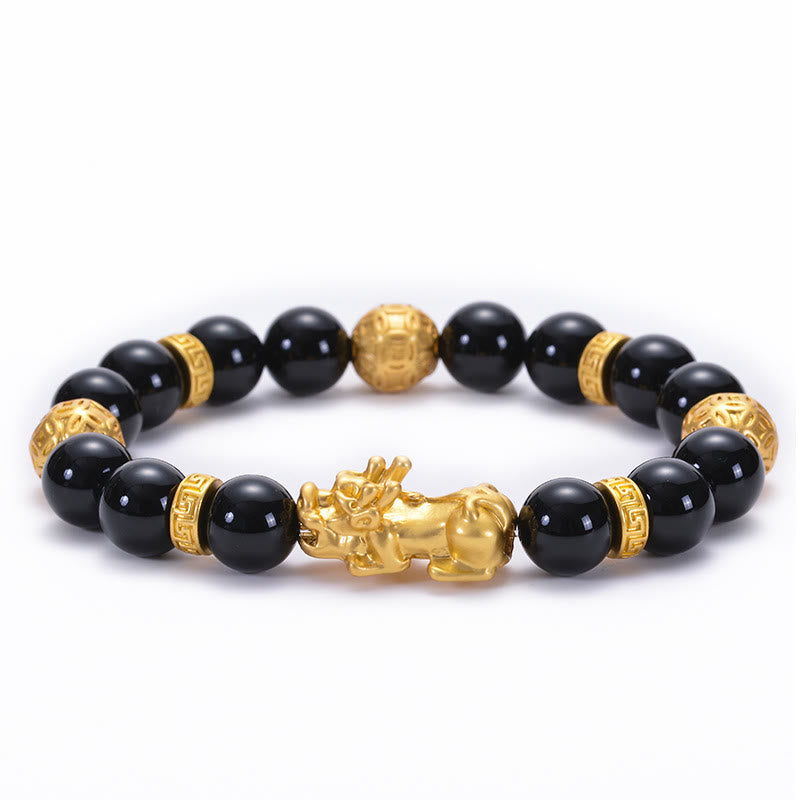 Buddha Stones Black Obsidian Black Onyx Alloy PiXiu Om Mani Padme Hum Strength Bracelet - Black Onyx Golden Alloy Beads PiXiu(Circumference: 16.7-21.6cm) - image 10