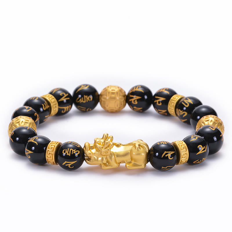Buddha Stones Black Obsidian Black Onyx Alloy PiXiu Om Mani Padme Hum Strength Bracelet - Black Obsidian Om Mani Padme Hum PiXiu(Circumference: 16.7-21.6cm) - image 0