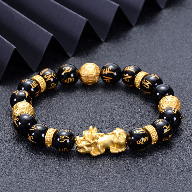 Buddha Stones Black Obsidian Black Onyx Alloy PiXiu Om Mani Padme Hum Strength Bracelet - image 1