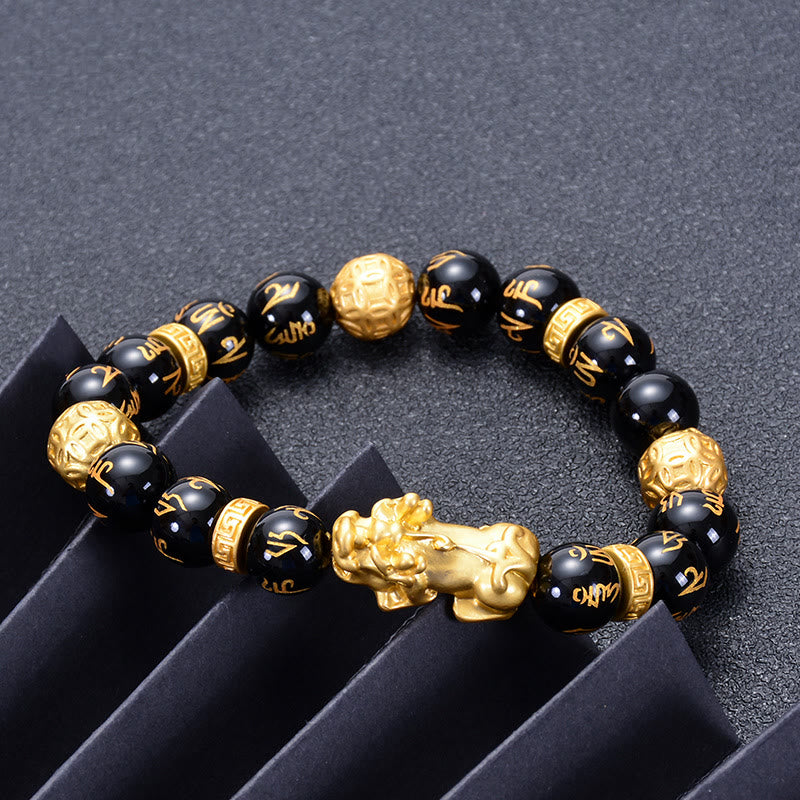 Buddha Stones Black Obsidian Black Onyx Alloy PiXiu Om Mani Padme Hum Strength Bracelet - image 2