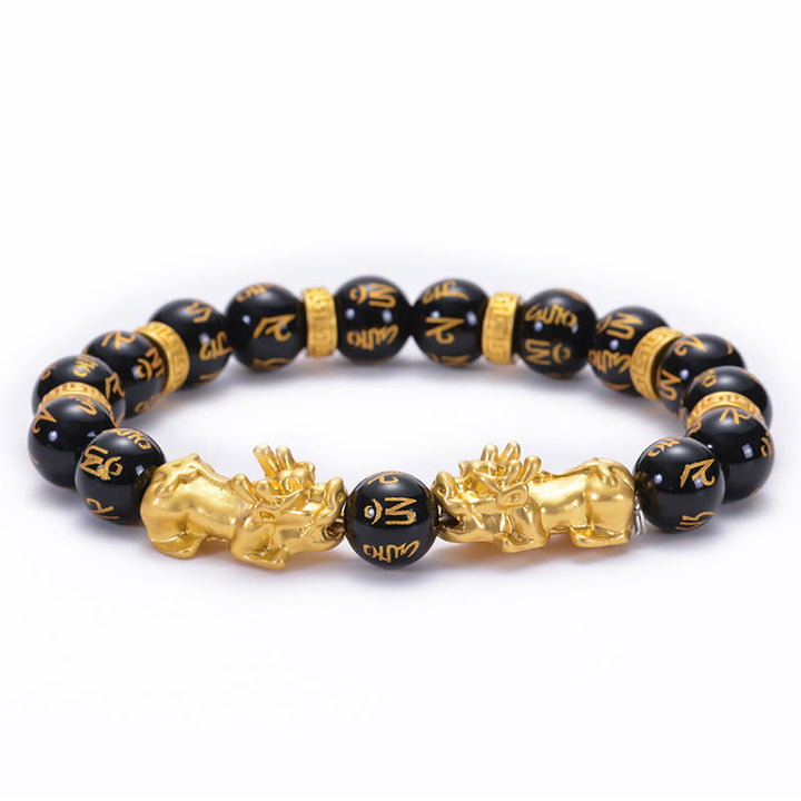 Buddha Stones Black Obsidian Black Onyx Golden Alloy Two PiXiu Om Mani Padme Hum Strength Bracelet - Black Obsidian Om Mani Padme Hum Alloy PiXiu(Circumference: 16.7-21.6cm) - image 0