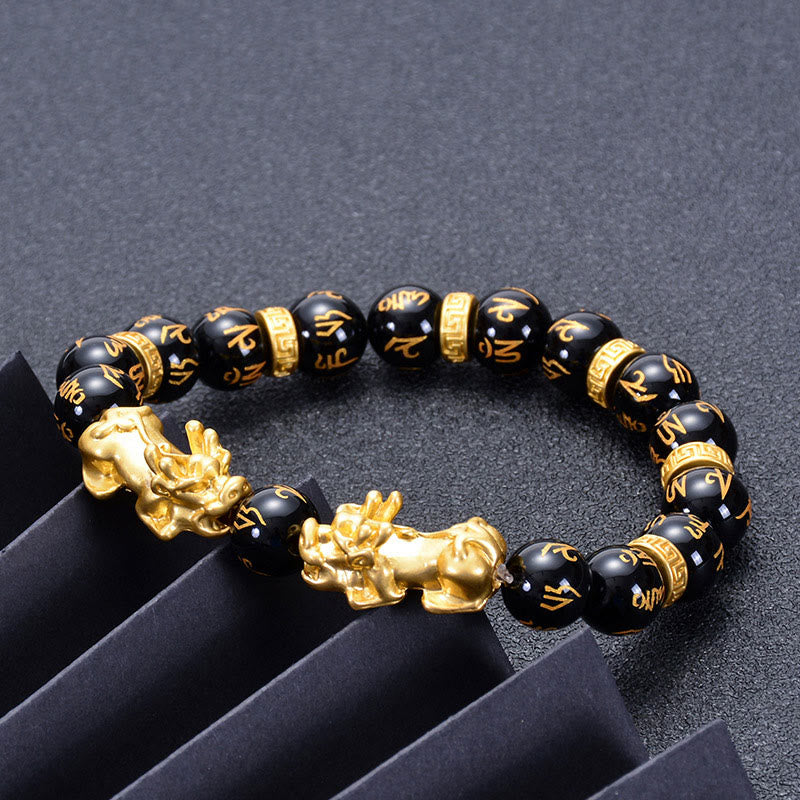 Buddha Stones Black Obsidian Black Onyx Golden Alloy Two PiXiu Om Mani Padme Hum Strength Bracelet - image 2