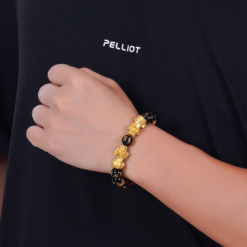 Buddha Stones Black Obsidian Black Onyx Golden Alloy Two PiXiu Om Mani Padme Hum Strength Bracelet - image 3
