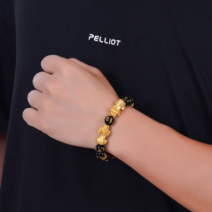 Buddha Stones Black Obsidian Black Onyx Golden Alloy Two PiXiu Om Mani Padme Hum Strength Bracelet - image 3