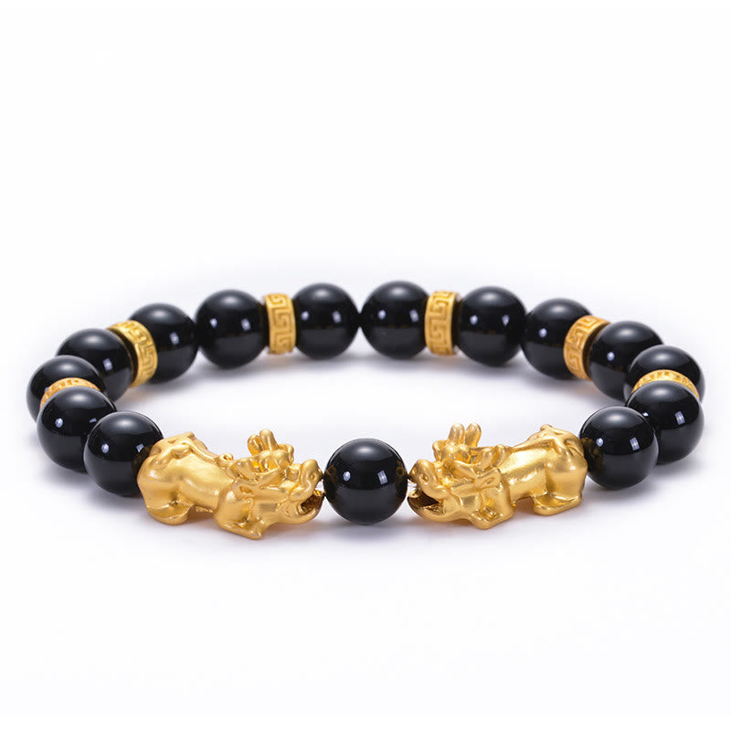 Buddha Stones Black Obsidian Black Onyx Golden Alloy Two PiXiu Om Mani Padme Hum Strength Bracelet - Black Onyx Alloy Golden PiXiu(Circumference: 16.7-21.6cm) - image 10