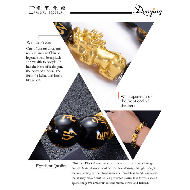 Buddha Stones Black Obsidian Black Onyx Golden Alloy Two PiXiu Om Mani Padme Hum Strength Bracelet - image 8