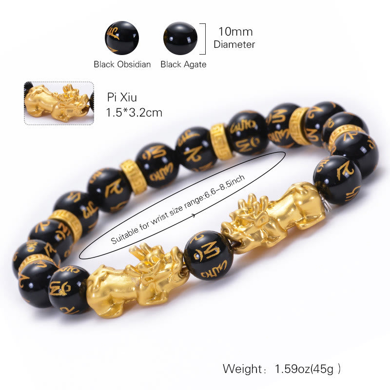 Buddha Stones Black Obsidian Black Onyx Golden Alloy Two PiXiu Om Mani Padme Hum Strength Bracelet - image 4