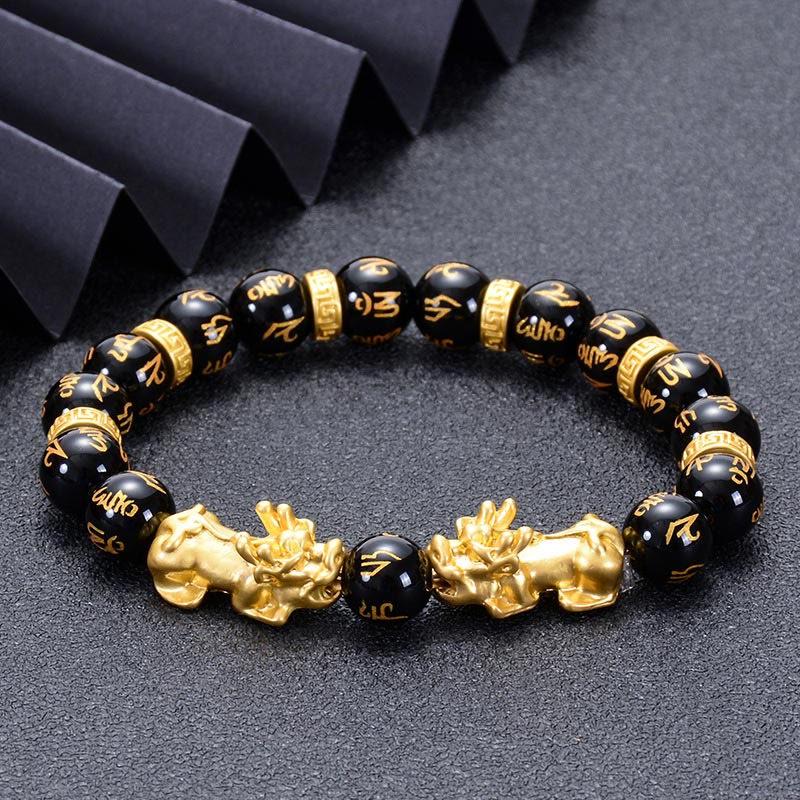 Buddha Stones Black Obsidian Black Onyx Golden Alloy Two PiXiu Om Mani Padme Hum Strength Bracelet - image 1