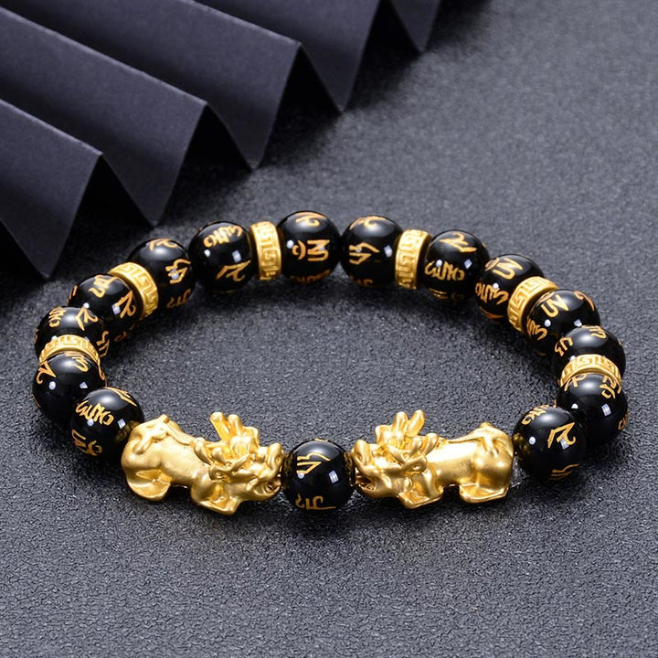 Buddha Stones Black Obsidian Black Onyx Golden Alloy Two PiXiu Om Mani Padme Hum Strength Bracelet - image 1