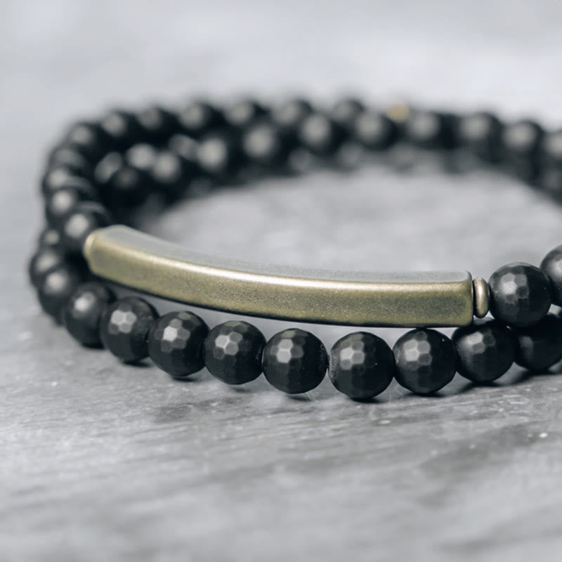 Buddha Stones Frosted Cut Surface Black Onyx Copper Brass Double Wrap Protection Bracelet - image 1