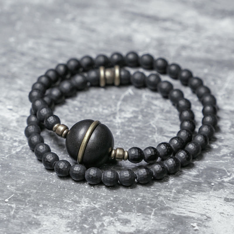 Buddha Stones Frosted Cut Surface Black Onyx Ebony Beads Double Wrap Protection Bracelet - Black Onyx Ebony(Wrist Circumference: 17-17.6cm) - image 0