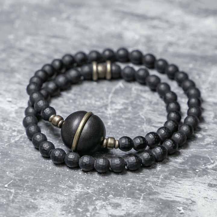 Buddha Stones Frosted Cut Surface Black Onyx Ebony Beads Double Wrap Protection Bracelet - Black Onyx Ebony(Wrist Circumference: 17-17.6cm) - image 0