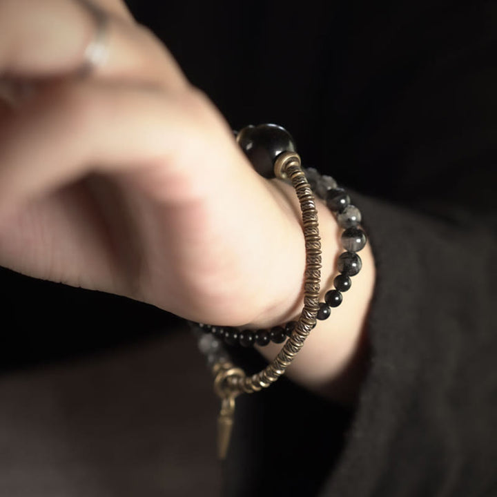 Buddha Stones Gold Sheen Obsidian Black Rutilated Quartz Copper Brass Double Wrap Protection Bracelet - image 4