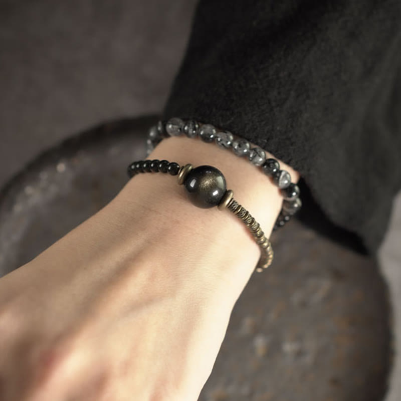 Buddha Stones Gold Sheen Obsidian Black Rutilated Quartz Copper Brass Double Wrap Protection Bracelet - image 10