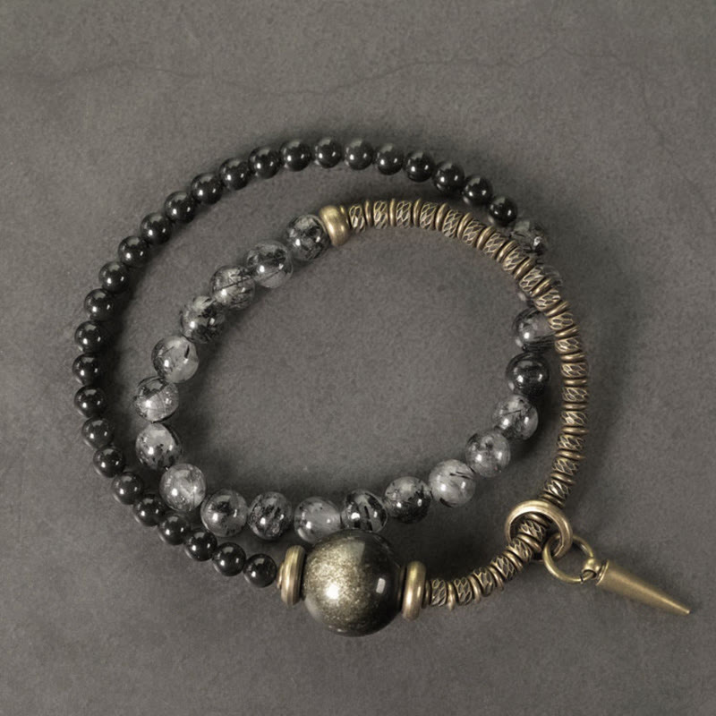 Buddha Stones Gold Sheen Obsidian Black Rutilated Quartz Copper Brass Double Wrap Protection Bracelet - image 1