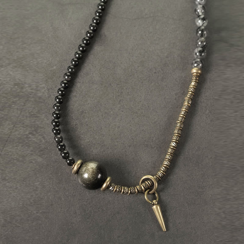 Buddha Stones Gold Sheen Obsidian Black Rutilated Quartz Copper Brass Double Wrap Protection Bracelet - image 2