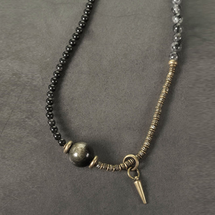 Buddha Stones Gold Sheen Obsidian Black Rutilated Quartz Copper Brass Double Wrap Protection Bracelet - image 2